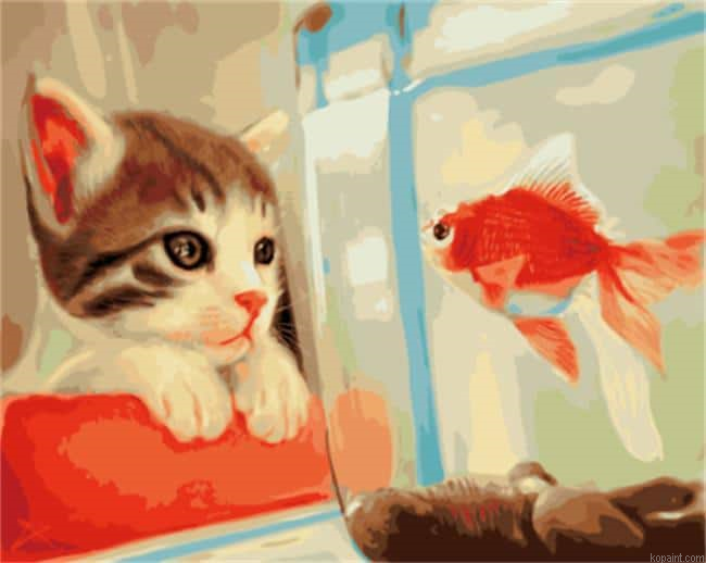 A Cat And A Red Fish Painting By Numberss.png