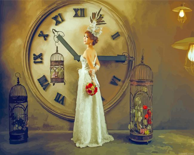 A Lady With White Dress And Clock Painting By Numberss.png