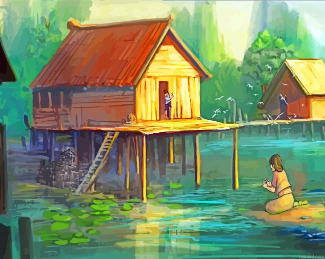 A Mother And Her Child In Floating Village Painting By Numberss.png