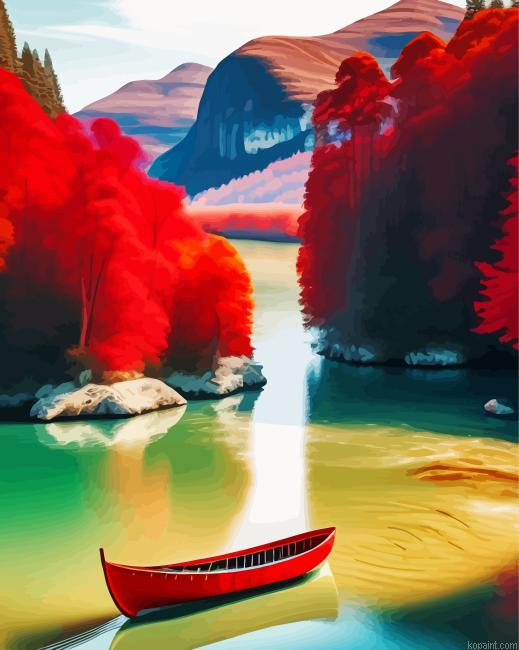 A Red Boat On A River Painting By Numberss.png