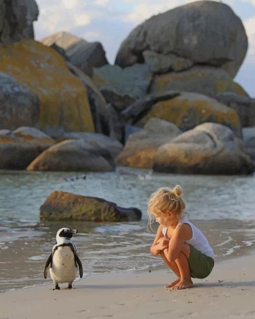 A Little Girl Trying To Talk To A Penguin New Painting By Numberss.png