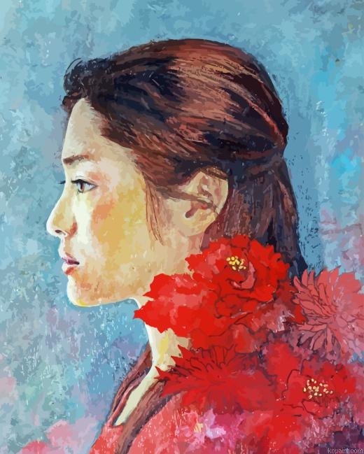 Abstract Japanese Girl And Red Flowers Painting By Numberss.png