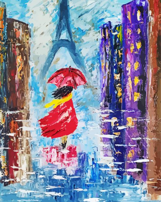 Abstract Lady With Umbrella Walking On The Rain In Paris Painting By Numberss.png