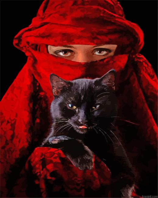 Aesthetic Arab Woman And Blackk Cat Painting By Numberss.png
