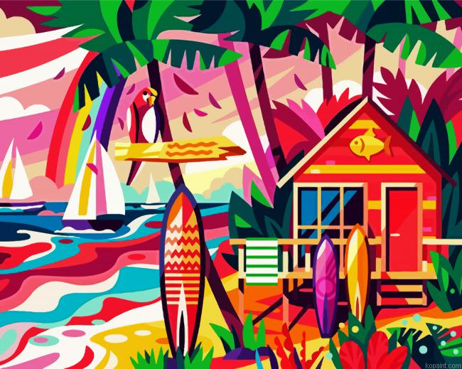 Aesthetic Beach Hut And Surfboard Painting By Numberss.png