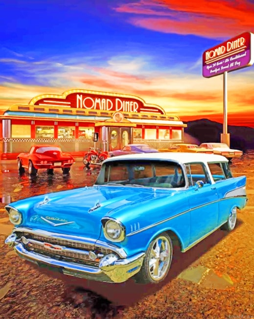 Aesthetic Blue Car Vintage Painting By Numberss.png