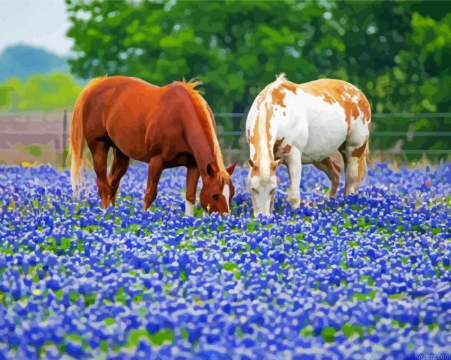 Aesthetic Bluebonnets And Horses Painting By Numberss.png