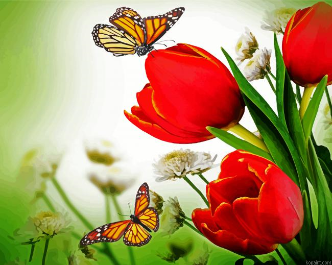 Aesthetic Butterflies With Red Tulips Painting By Numberss.png