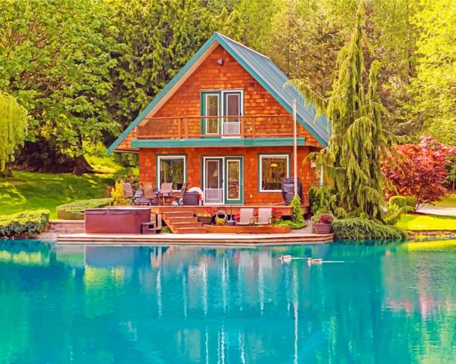 Aesthetic Cabin By Lake Painting By Numberss.png