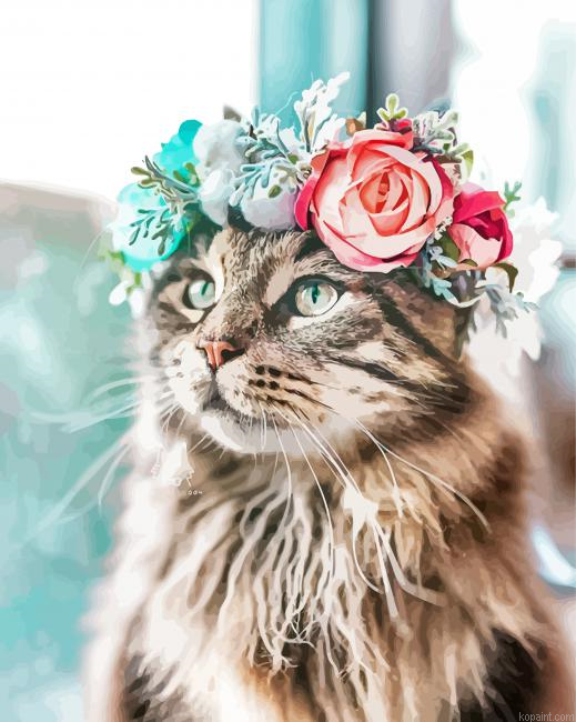 Aesthetic Cat Floral Crown Animal Painting By Numberss.png