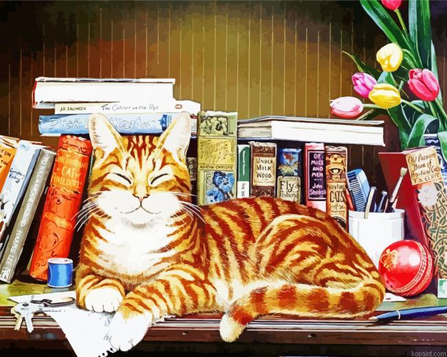 Aesthetic Cat With Book Painting By Numberss.png