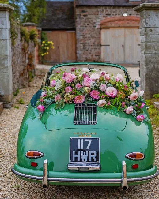 Aesthetic Classy Green Car And Flowers New Painting By Numberss.png