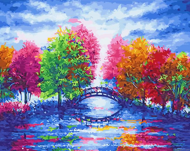 Aesthetic Colorful Trees On Bridge Painting By Numberss.png