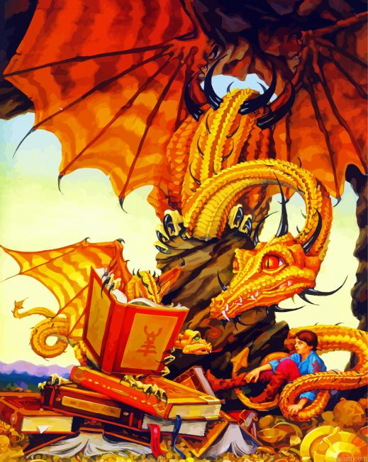 Aesthetic Dragon And Books Painting By Numberss.png