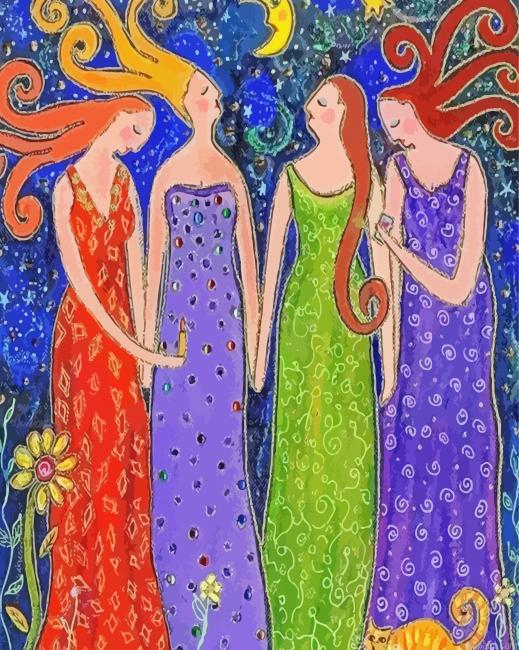 Aesthetic Four Female Friends Art Painting By Numberss.png