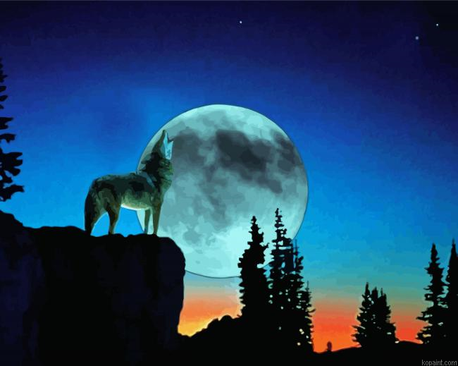 Aesthetic Full Moon With Howling Wolf Illustration Painting By Numberss.png