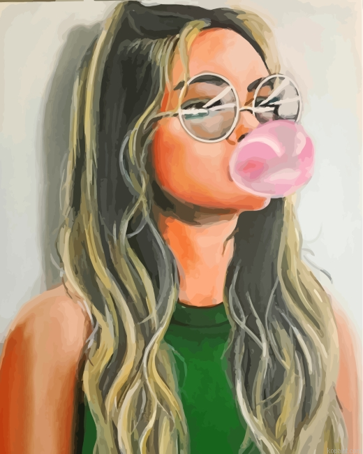 Aesthetic Girl With Bubble Gum Painting By Numberss.png
