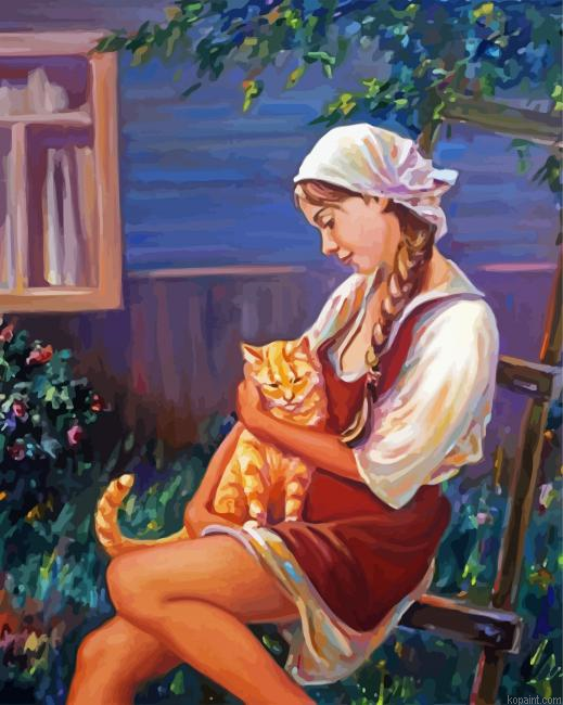 Aesthetic Girl With Cat Painting By Numberss.png
