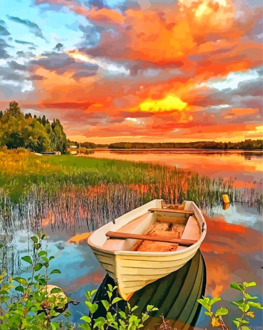 Aesthetic Lakeside Boat Painting By Numberss.png