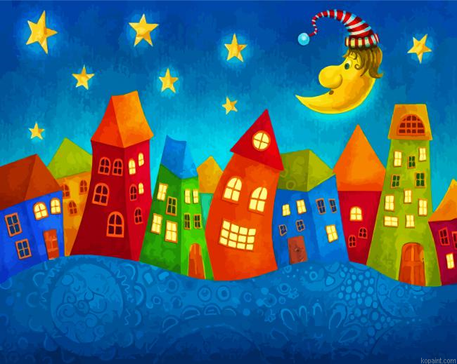 Aesthetic Night Buildings Painting By Numberss.png