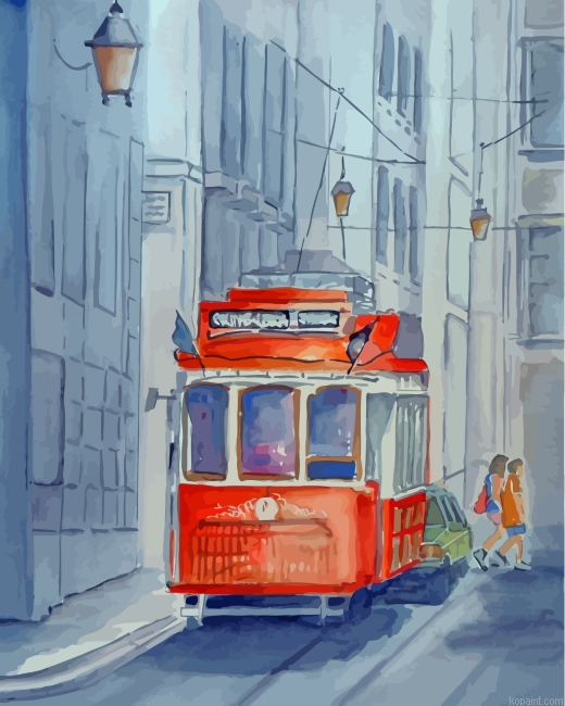 Aesthetic Red Tram Painting By Numberss.png