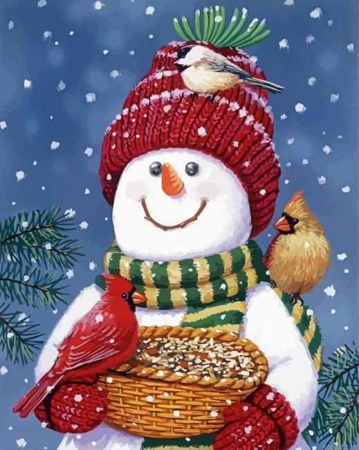 Aesthetic Snowman With Birds Painting By Numberss.png