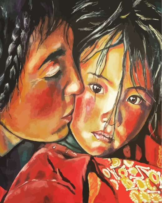 Aesthetic Tibetan Woman And Daughter Painting By Numberss.png