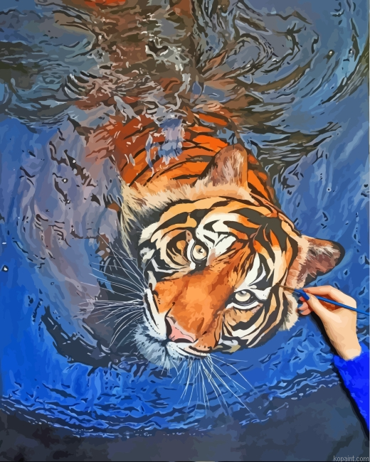 Aesthetic Tiger In The Water Painting By Numberss.png