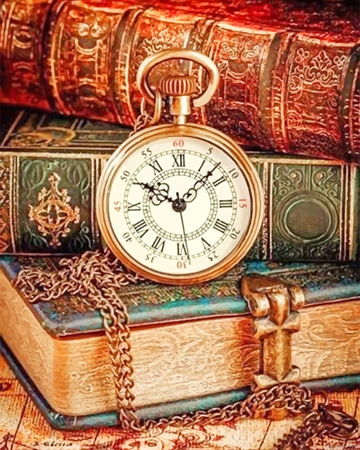 Aesthetic Vintage Clock And Books New Painting By Numberss.png