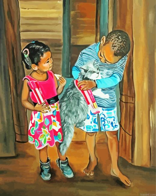 African Children With Cat Painting By Numberss.png