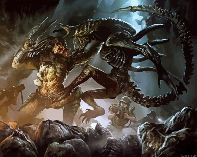 Alien Vs Predator Fighting Painting By Numberss.png
