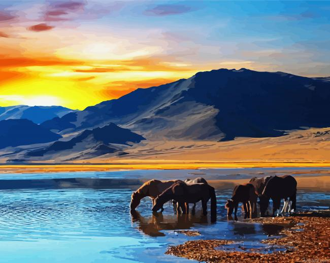 Animals Horses In River Painting By Numberss.png