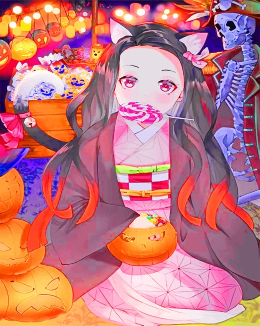 Anime Girl Enjoying The Halloween New Painting By Numberss.png