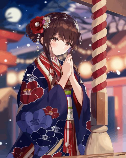Anime Girl Wearing Kimono Paint By Numbers