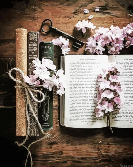 Antique Books And Flowers Painting By Numberss.png