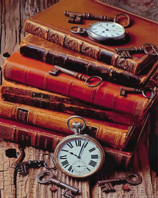 Antique Books And Watches Painting By Numberss.png