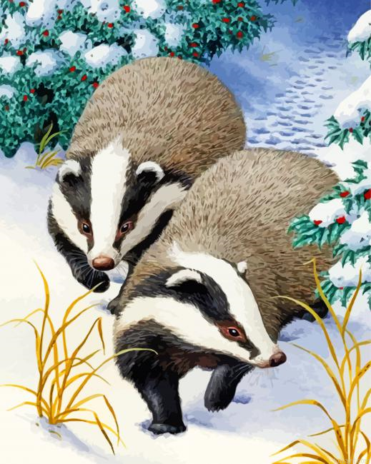 Badgers Animals In Snow Painting By Numberss.png