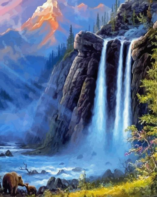Bears And Riverfront Waterfall Painting By Numberss.png