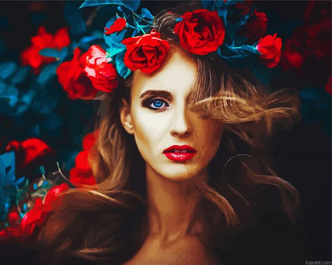 Beautiful Woman With Red Flower Painting By Numberss.png