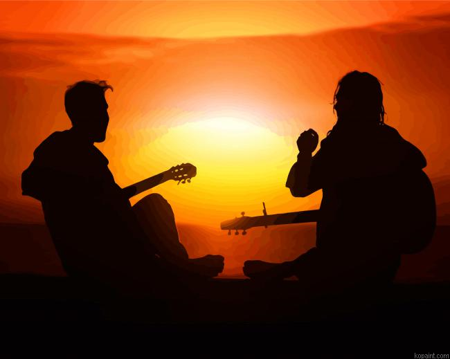 Best Friends Playing Guitar At Sunset Painting By Numberss.png