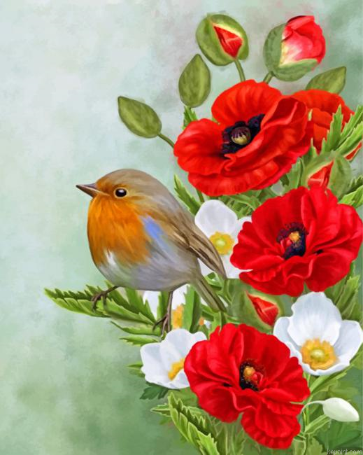 Bird On Poppy Flowers Painting By Numberss.png