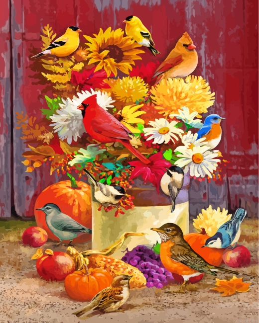 Birds On Flowers Bouquet Painting By Numberss.png