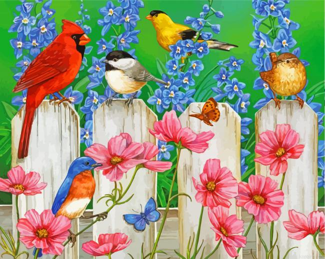 Birds On Wooden White Picket Fence Painting By Numberss.png