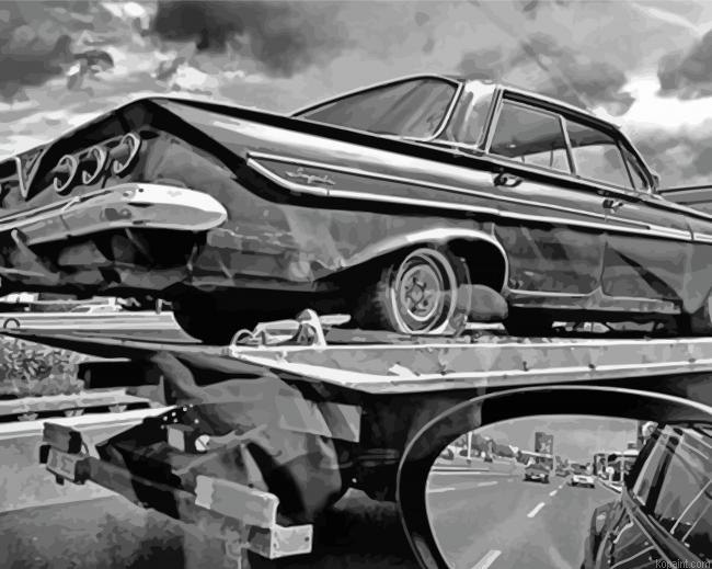Black And White Classic Car On A Tow Truck Painting By Numberss.png