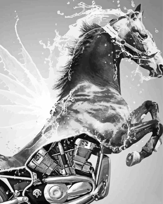 Black And White Motorcycle And Horse Paint By Numbers