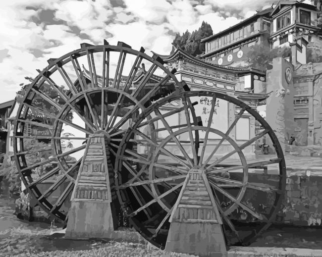 Black And White Old Water Mills Painting By Numberss.png