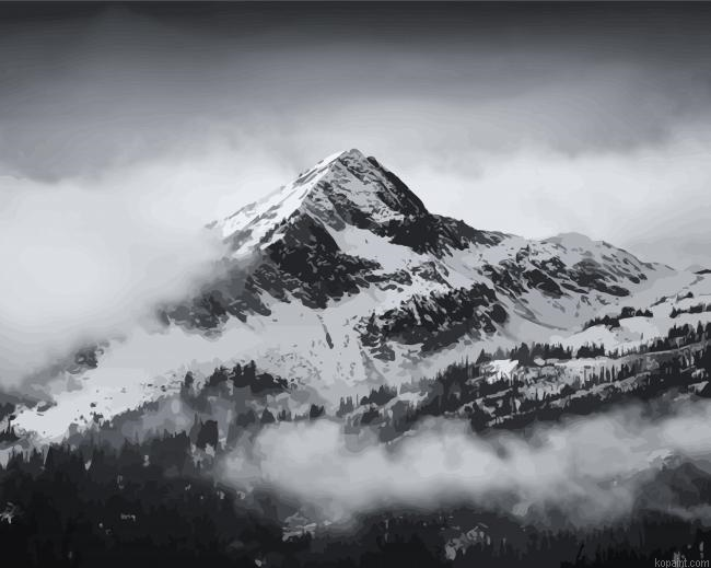 Black And White Snowy Mountain Nature Painting By Numberss.png