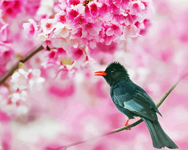 Black Bird In Pink Flowers Paint By Numbers