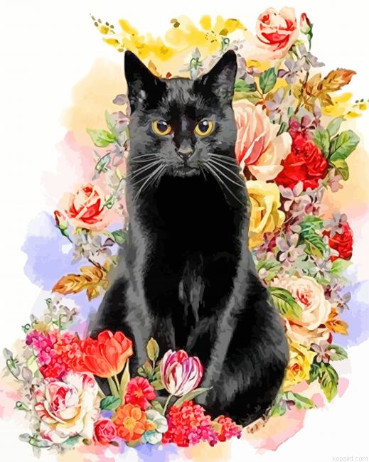 Black Cat And Flowers Painting By Numberss.png