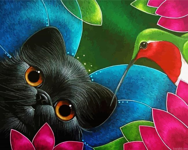 Black Cat And Hummingbird Art Painting By Numberss.png